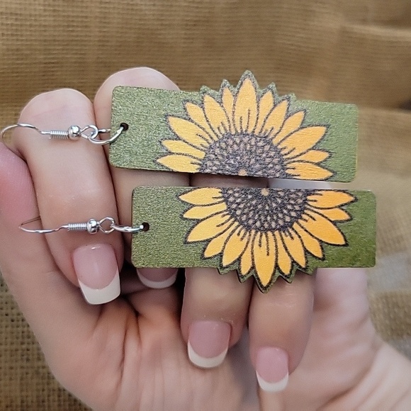 Sunflower Split Image Wood Drop Earrings - Picture 7 of 7